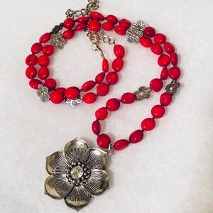Handmade Real Red Coral Necklace with Silver Flower Pendant, Romantic